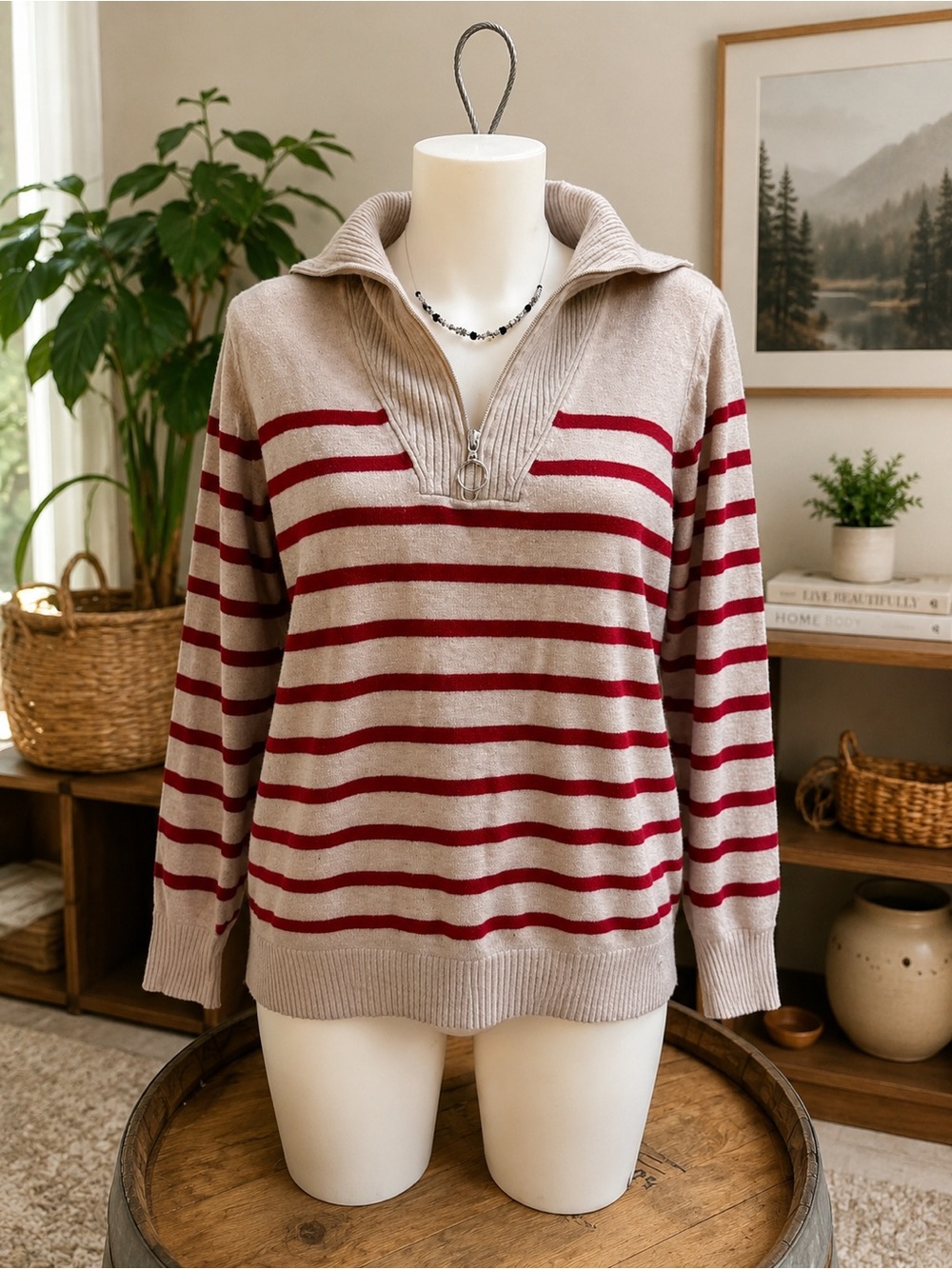 Striped Half-Zip Sweater Top - Beige & Red